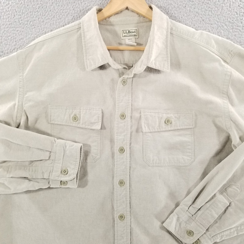 LL Bean Shirt Mens XXL Beige Chamois Cloth Flannel Heavyweight Outdoor Workwear